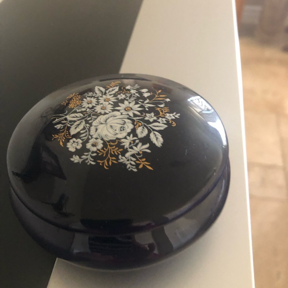 Limoges Deep Blue Round Trinket Box  with Gold Script